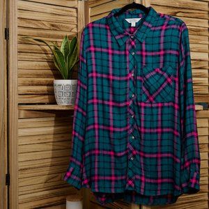 Market & Spruce Supersoft Button-Down Shirt: Teal Plaid, XL
